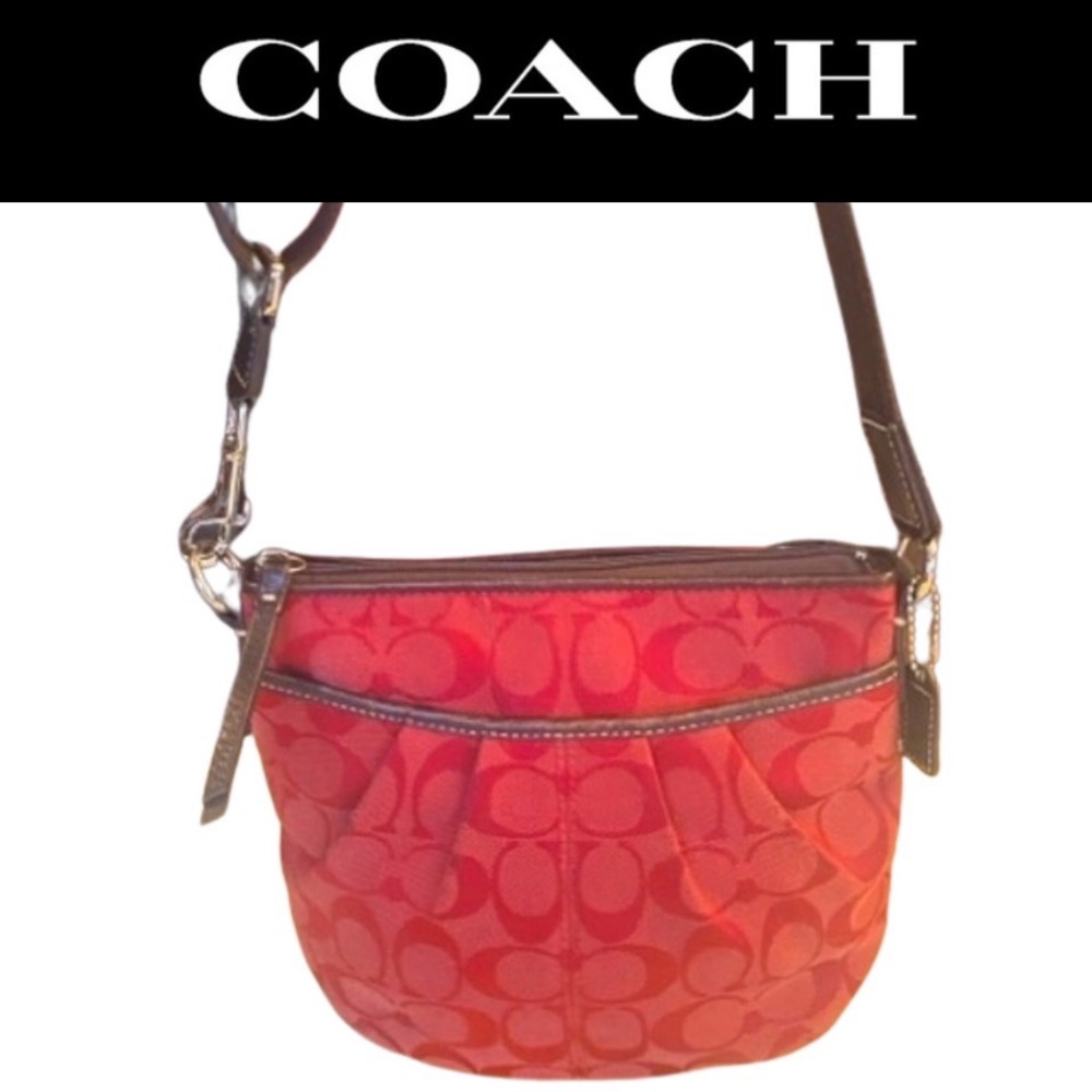 COACH Cherry Red Signature Swing Pleated Adjustable Crossbody/Shoulder Bag, EUC